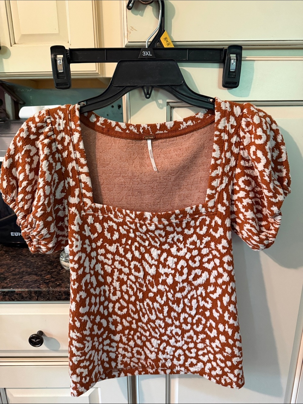 Free People Rust and White Leopard Print Puff Sleeve Sweater Top
